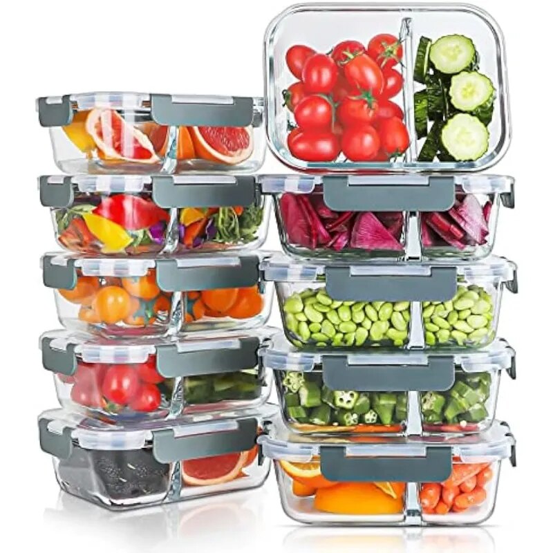 10 Pack of 30oz Glass Meal Prep Containers with 2 Compartments