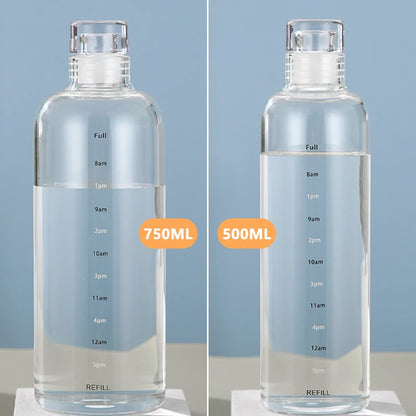 Glass Water Bottle With Time Markings and Storage Bag