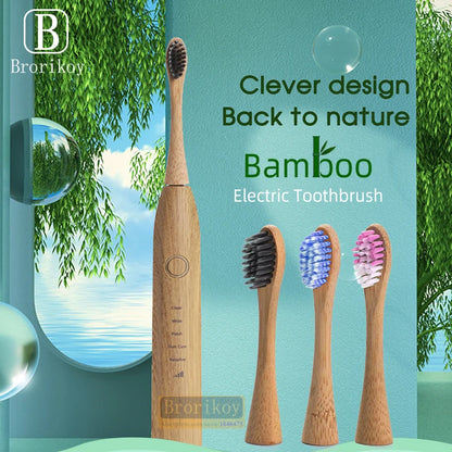 Bamboo electric toothbrush with 6 replacement heads