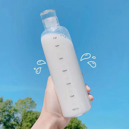Glass Water Bottle With Time Markings and Storage Bag